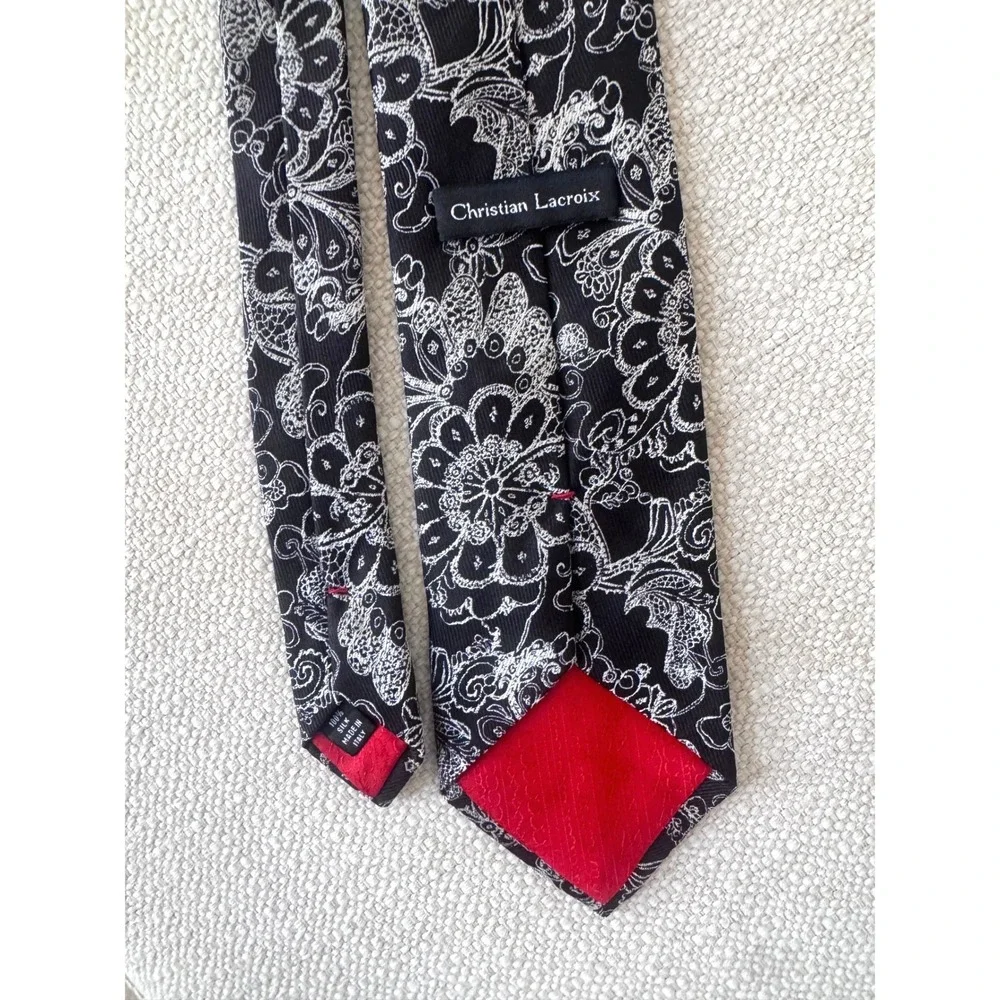 Christian Lacroix Mens Silk Tie Black White Floral Pattern Made in ITALY
